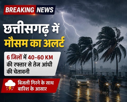 छत्तीसगढ़ में मौसम का अलर्ट: 6 जिलों में 40-60 KM की रफ्तार से तेज आंधी की चेतावनी, बिजली गिरने के साथ बारिश के आसार